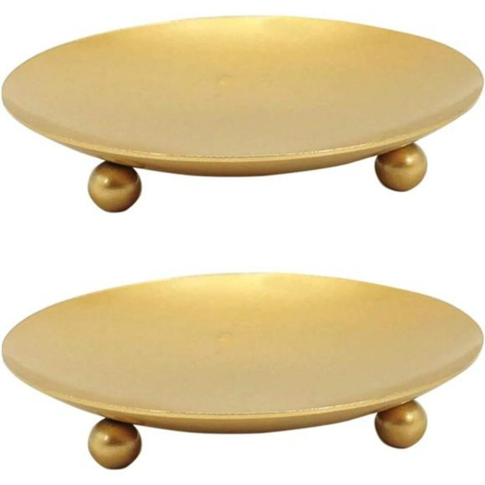 Set of 2 gold metal candle holder plates round pillar candlestick stands for dec